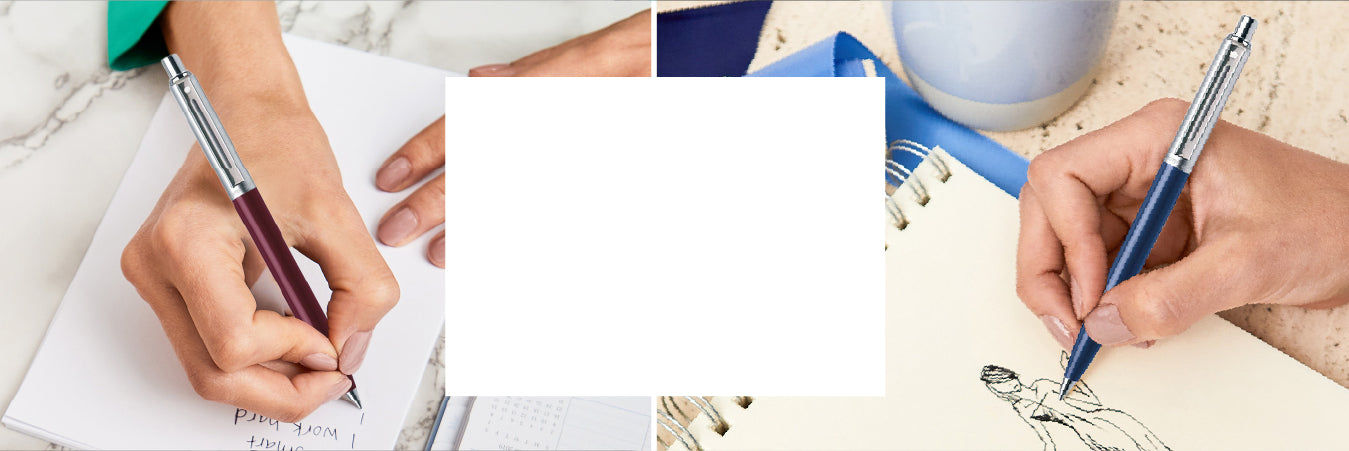 Two pictures of a person writing with a pen and a notebook.