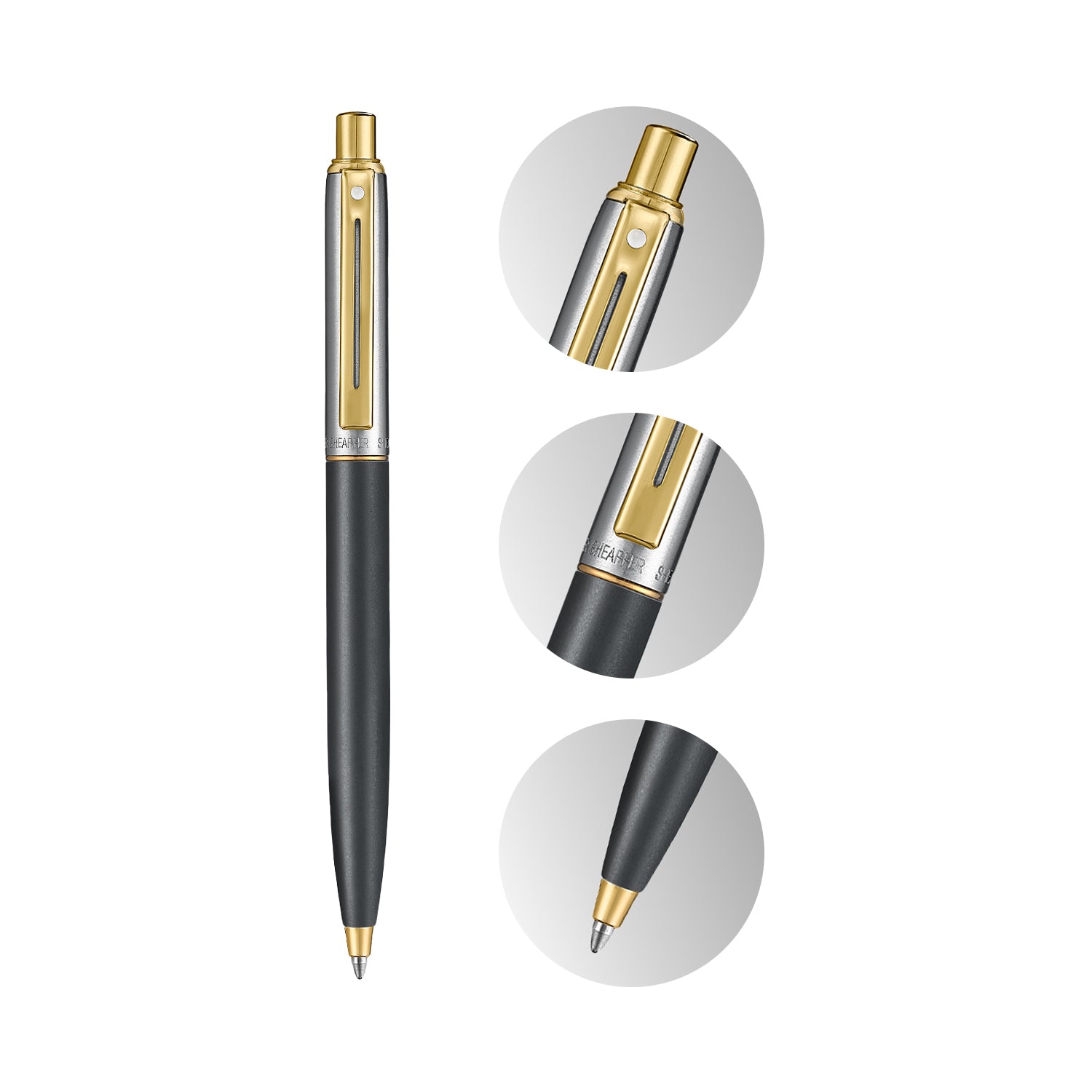 Sheaffer Sentinel Metal 334 Matte Black Barrel and Brushed Chrome Cap Ballpoint Pen with Gold Trims