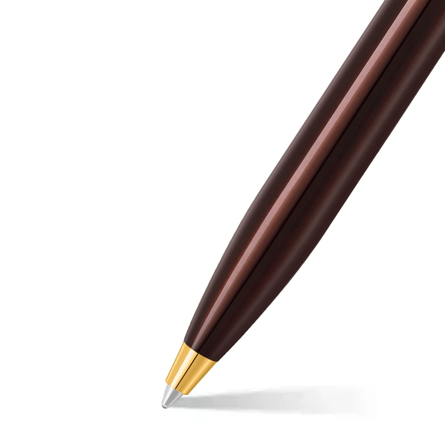 A Sheaffer® 100 9370 Glossy Coffee Brown Ballpoint Pen With PVD Gold-Tone Trim on a white background, offering a luxurious writing experience and makes for an ideal gift.