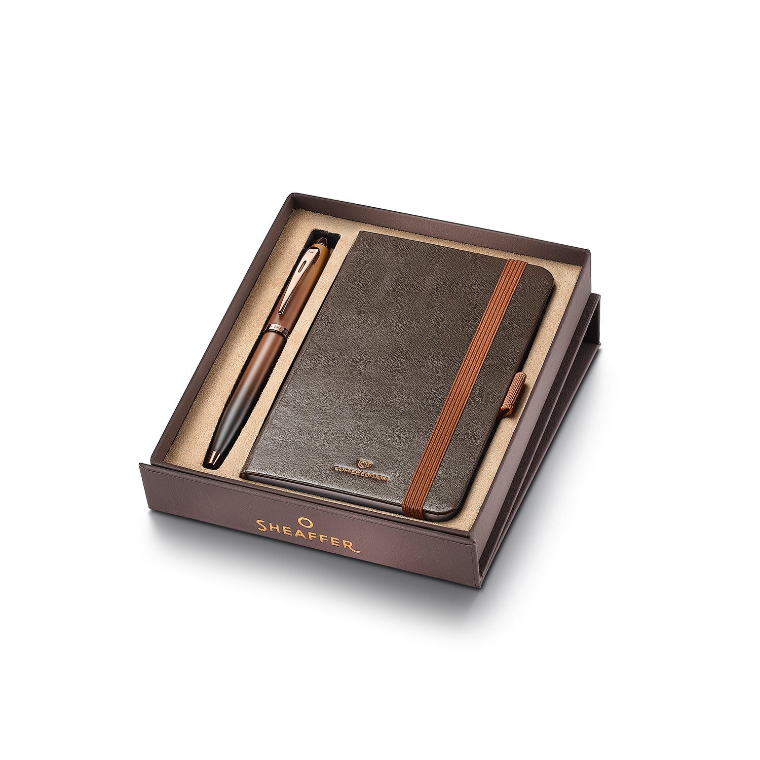 Sheaffer Gift Set ft. Coffee Edition 100 9374 Ballpoint Pen with Regal Brown PVD Trims and Small Notebook