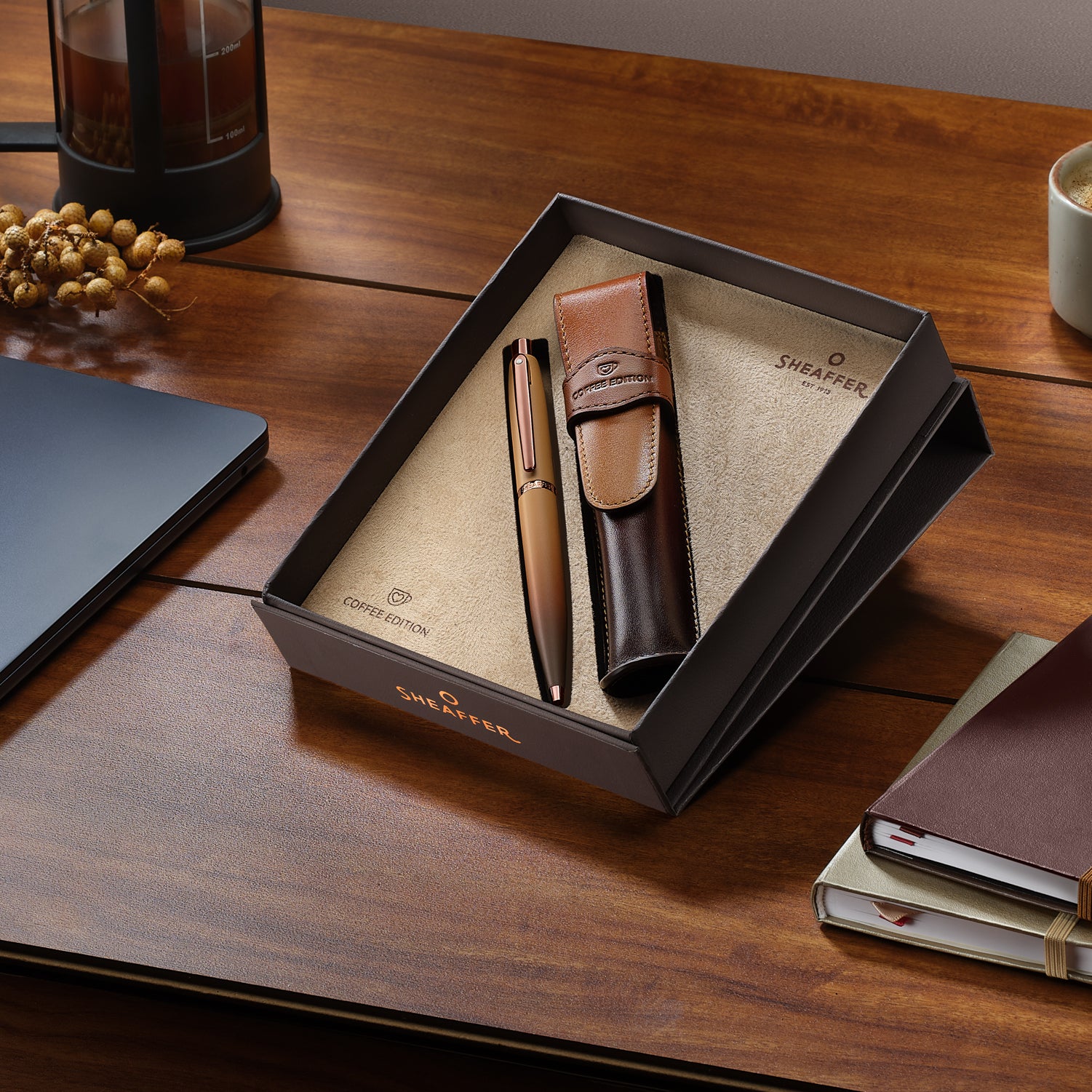 Sheaffer VFM G9428 Coffee Edition Ballpoint Pen with Leather Single Pen Pouch Gift Set