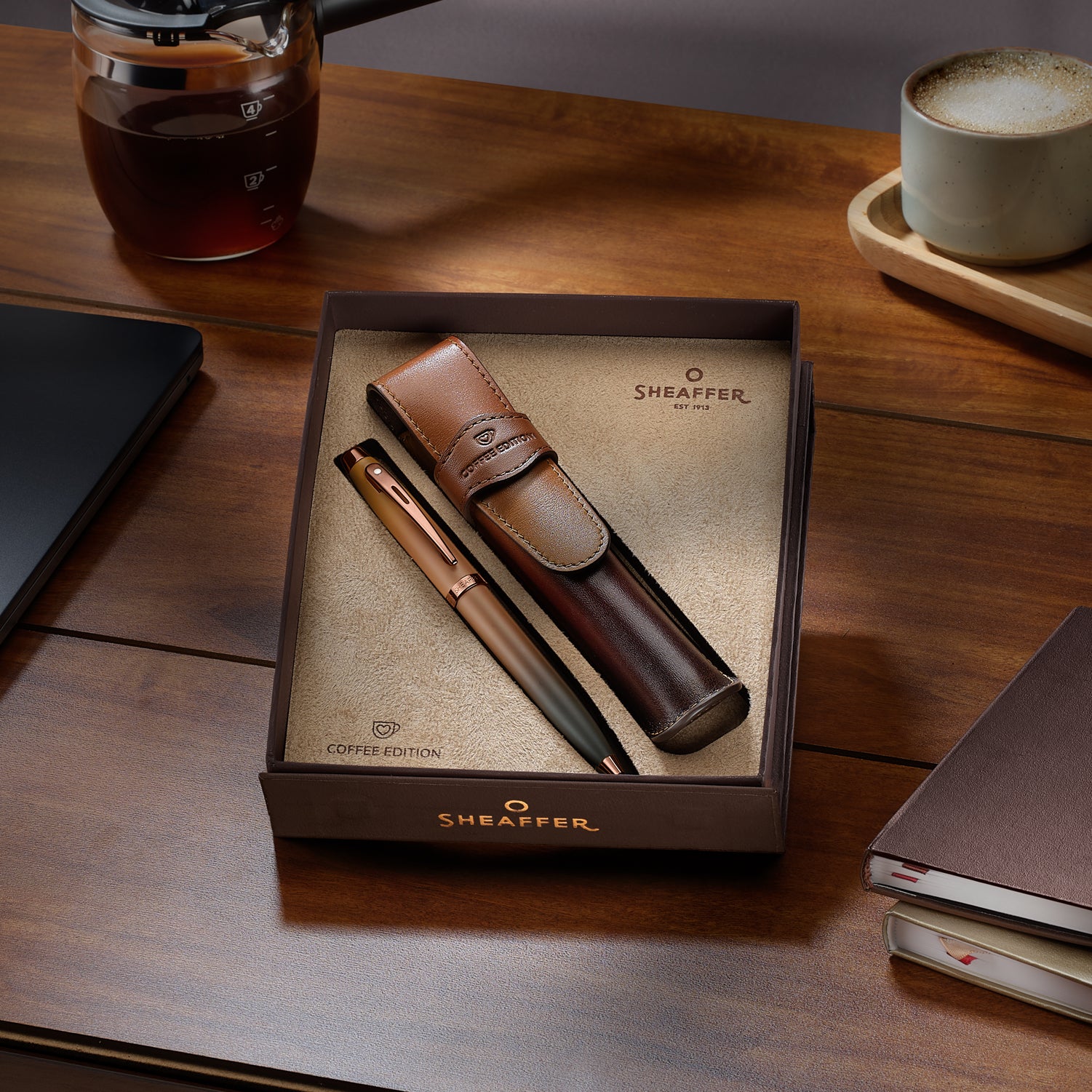 Sheaffer 100 G9374 Coffee Edition Ballpoint Pen with Leather Single Pen Pouch Gift Set