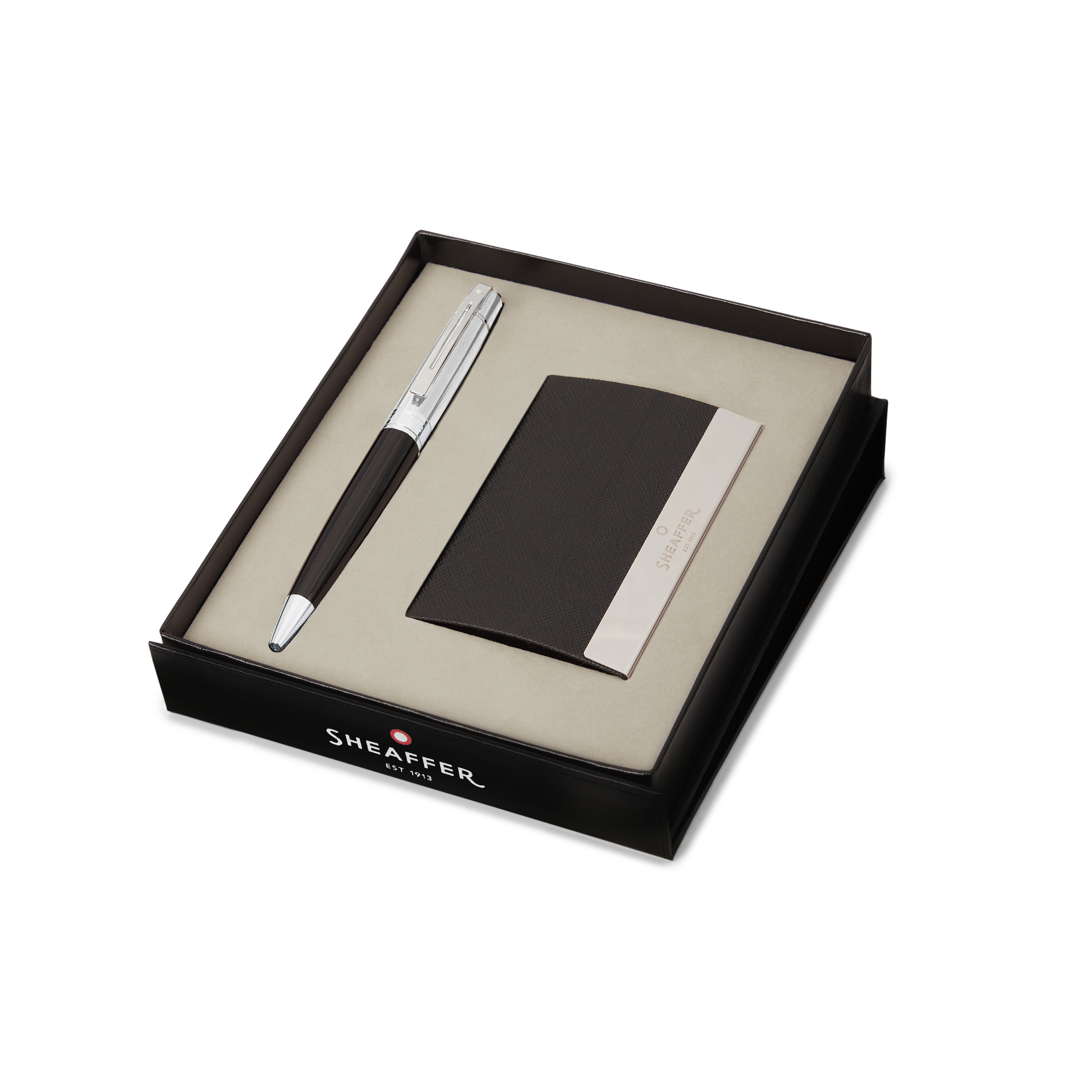 Sheaffer Gift Set ft. Glossy Black 300 Ballpoint Pen with Chrome Trims and Business Card Holder