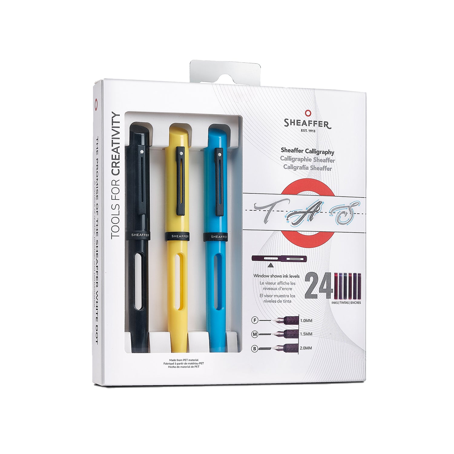 Sheaffer® Calligraphy Glossy Black, Blue and Yellow Fountain pens Maxikit in Hangsell - F, M, B nibs