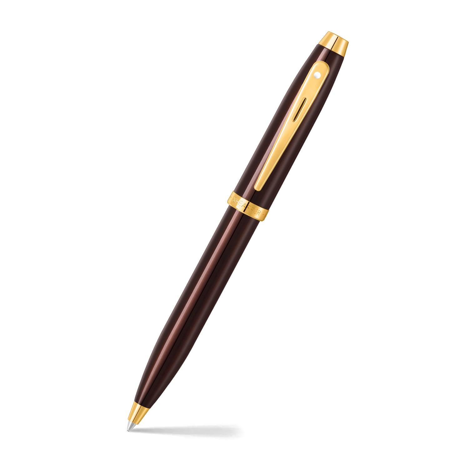 The Sheaffer® 100 9370 Glossy Coffee Brown Ballpoint Pen With PVD Gold-Tone Trim, a brown pen with gold trim, offers a exceptional writing experience, making it a perfect gift.