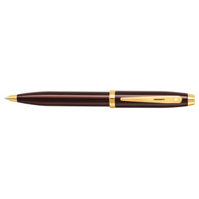 A Sheaffer® 100 9370 Glossy Coffee Brown Ballpoint Pen with PVD Gold-Tone Trim on a white background, offering a luxurious writing experience.