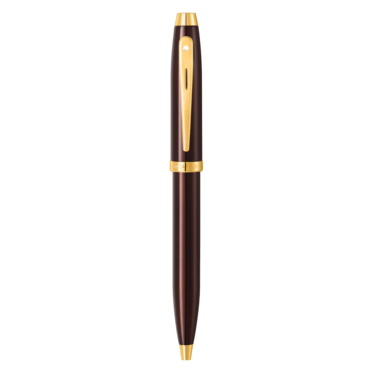 A brown and gold Sheaffer® 100 9370 Glossy Coffee Brown Ballpoint Pen With PVD Gold-Tone Trim on a white background, perfect as a gift for an exquisite writing experience.