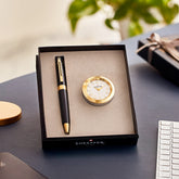 Sheaffer Gift Set ft. Glossy Black 300 Ballpoint Pen with Gold Trims and Table Clock