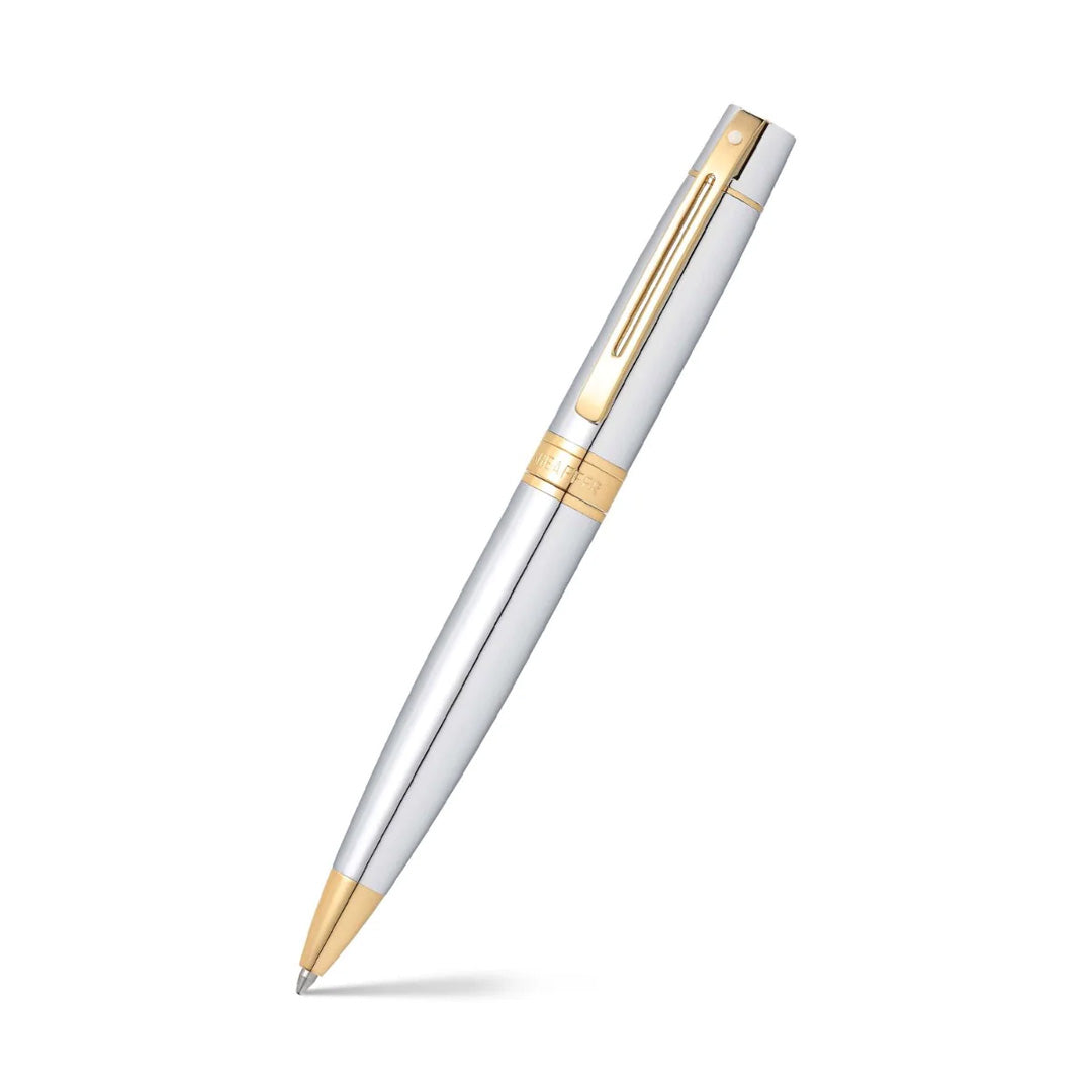 Sheaffer Gift Set ft. Bright Chrome 300 Ballpoint Pen with Gold Trims and Credit Card Holder