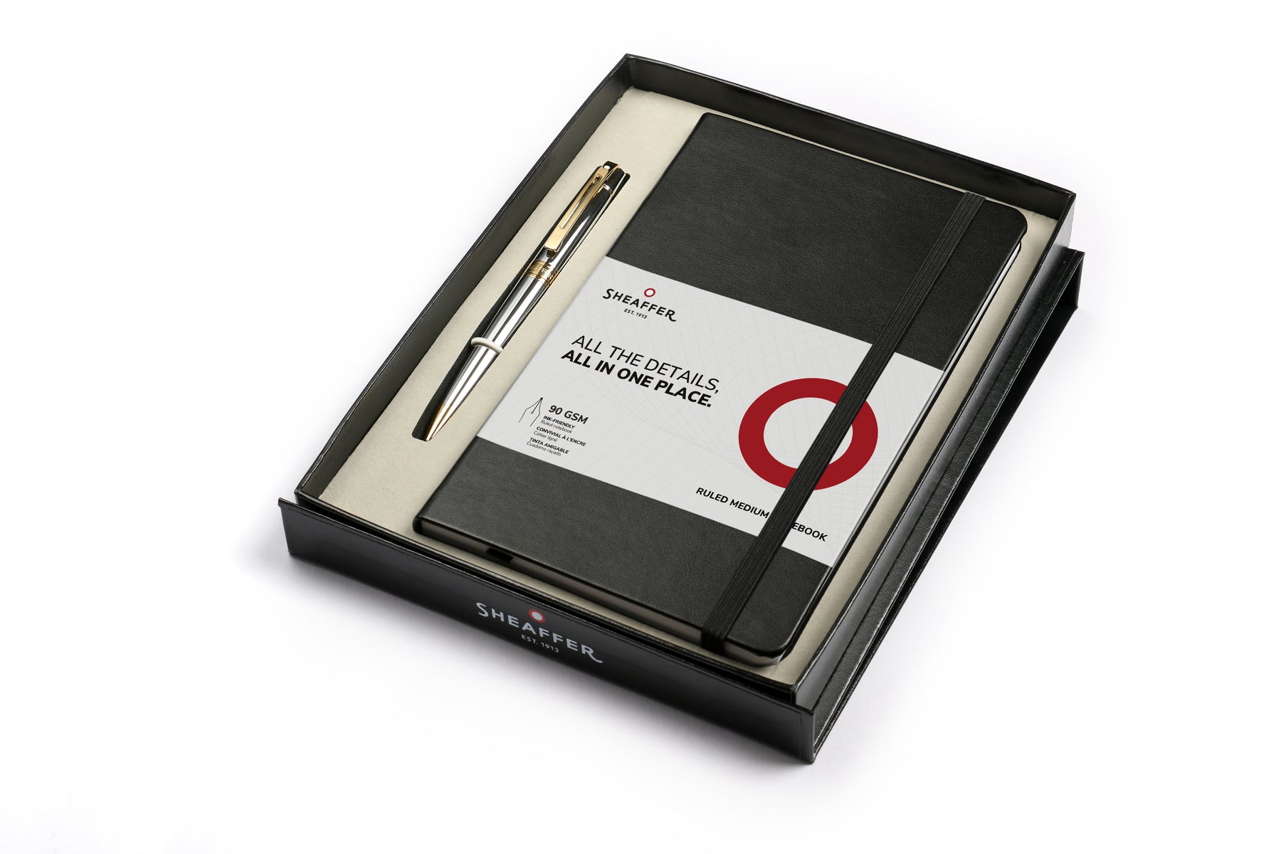 Sheaffer® Gift Set ft. Bright Chrome S300 9342 Ballpoint Pen with Gold Tone Trim and Medium Notebook