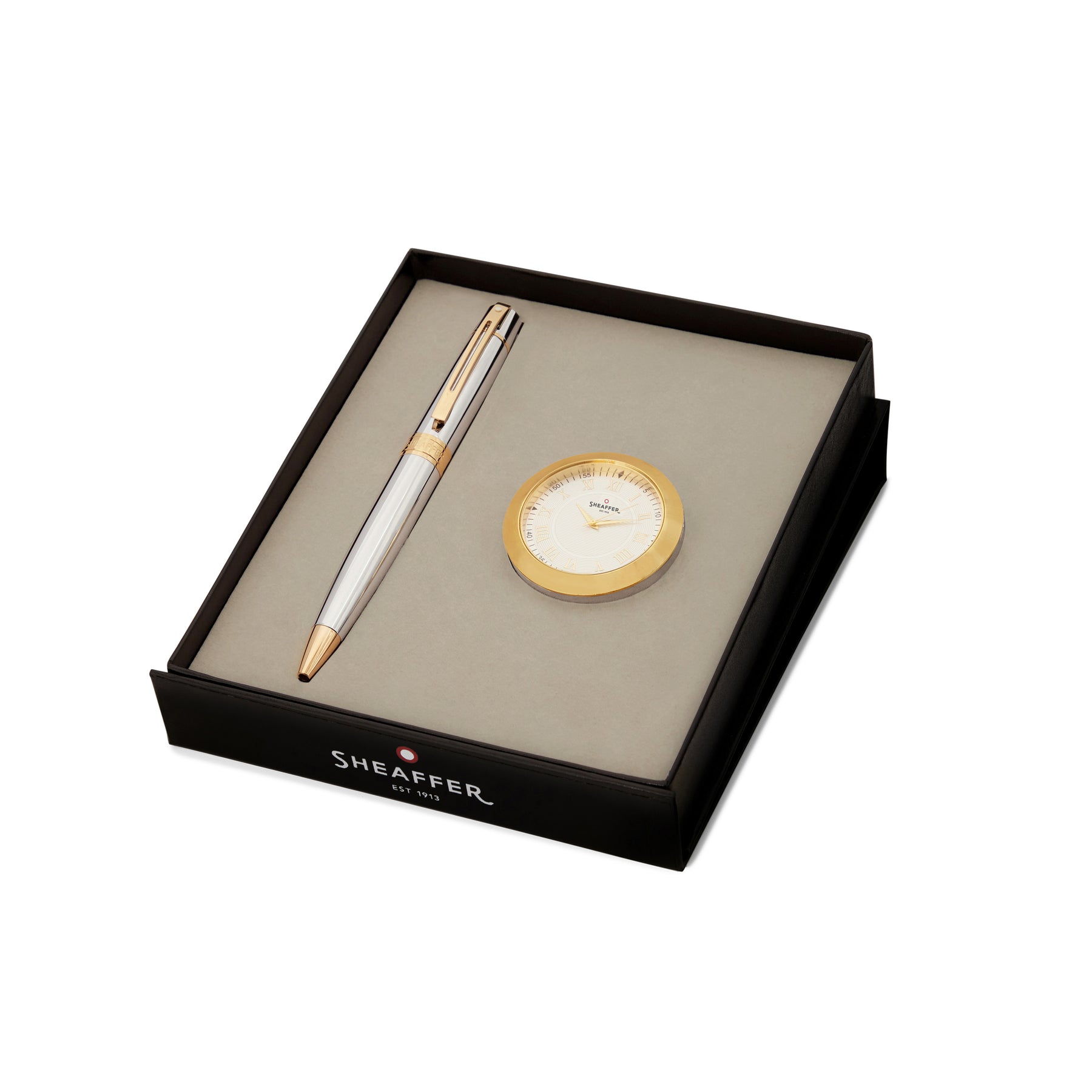 Sheaffer Gift Set ft. Bright Chrome 300 Ballpoint Pen with Gold Trims and Table Clock
