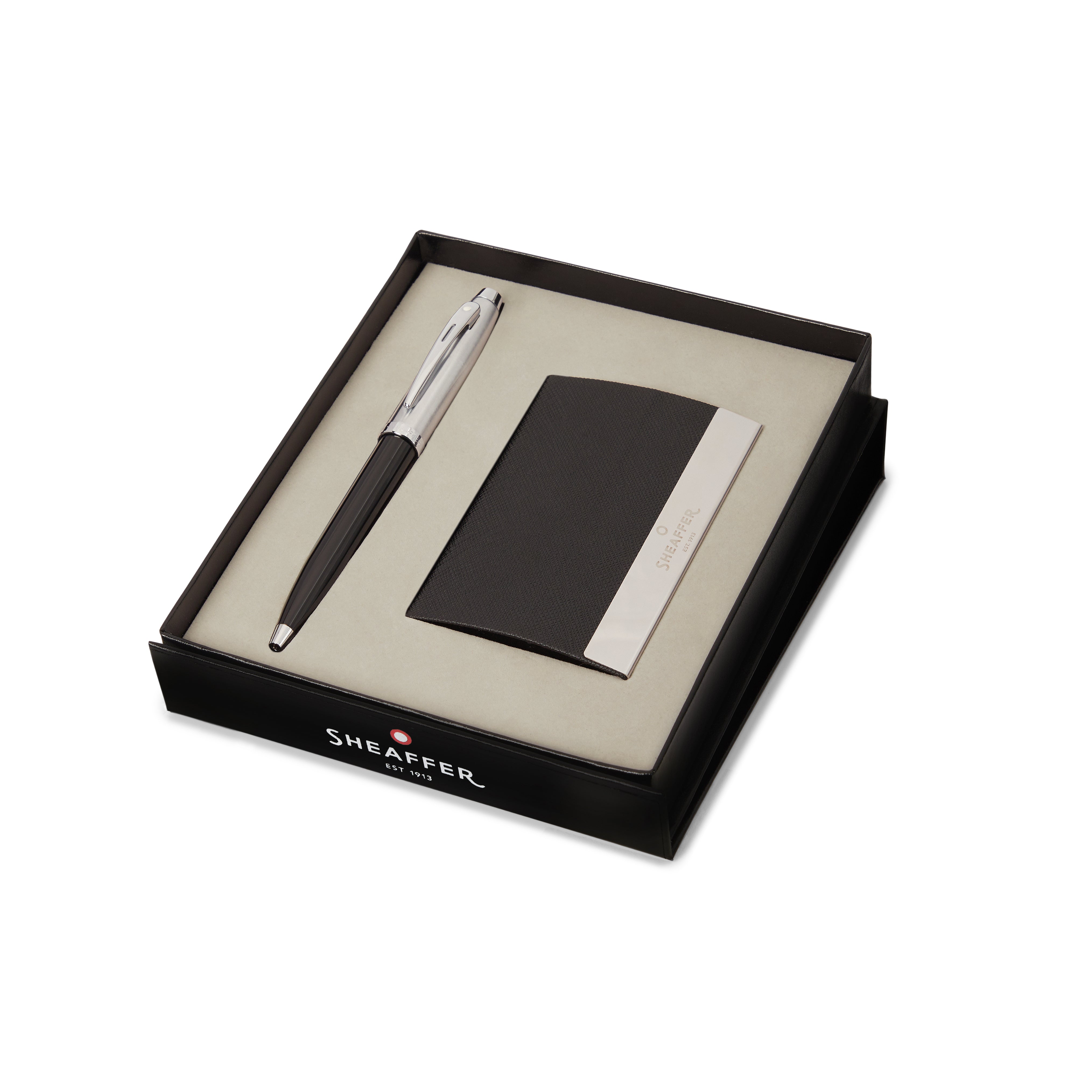 Sheaffer Gift Set ft. Glossy Black 100 Ballpoint Pen with Chrome Trims and Business Card Holder