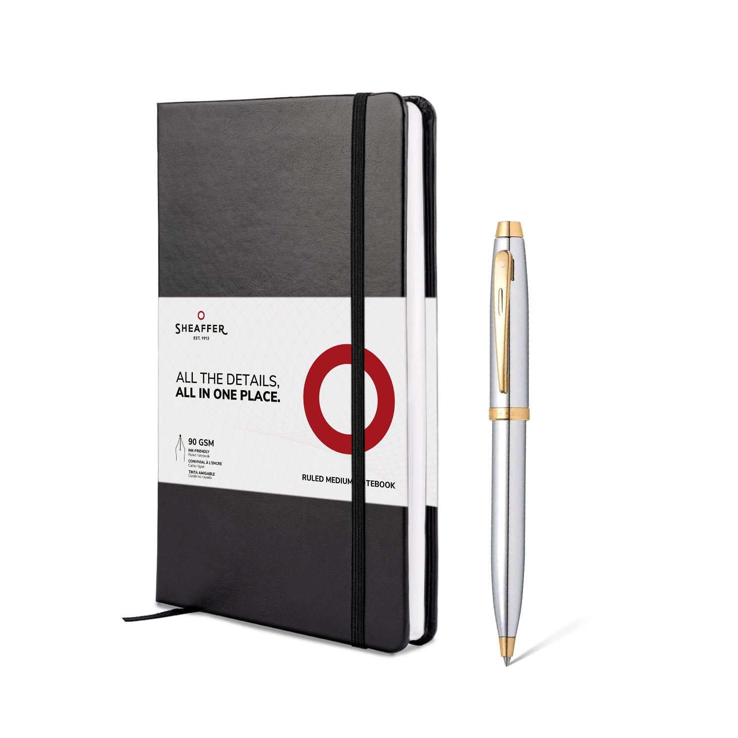 Sheaffer® Gift Set ft. Bright Chrome S100 9340 Ballpoint Pen with Gold Tone Trim and Medium Notebook