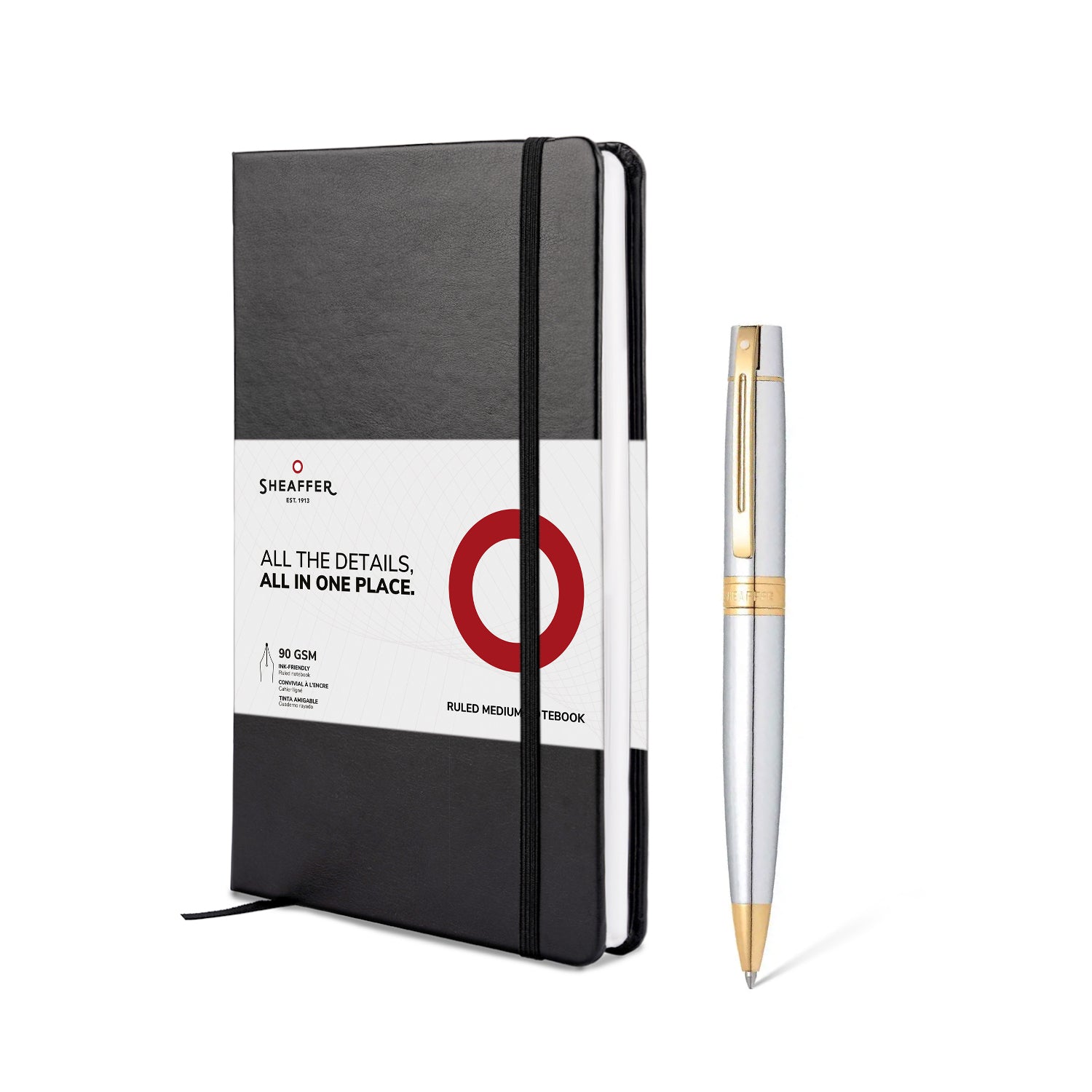 Sheaffer® Gift Set ft. Bright Chrome S300 9342 Ballpoint Pen with Gold Tone Trim and Medium Notebook