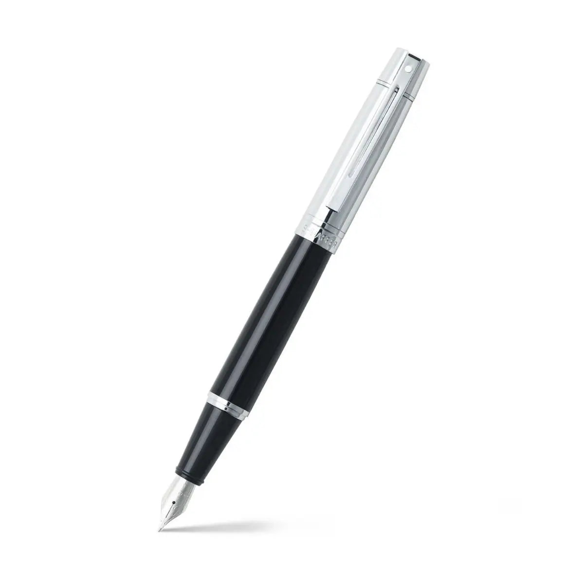 A black Sheaffer® 300 Black and Chrome Fountain Pen With Chrome Trims - Fine pen on a white background.