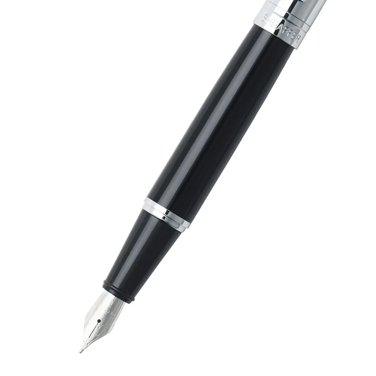 A Sheaffer® 300 Black and Chrome Fountain Pen With Chrome Trims - Fine, with exceptional writing performance, on a white background.