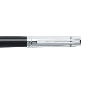 A Sheaffer® 300 Black and Chrome Fountain Pen With Chrome Trims - Fine, featuring a sleek black and silver design, effortlessly glides across the crisp white background.