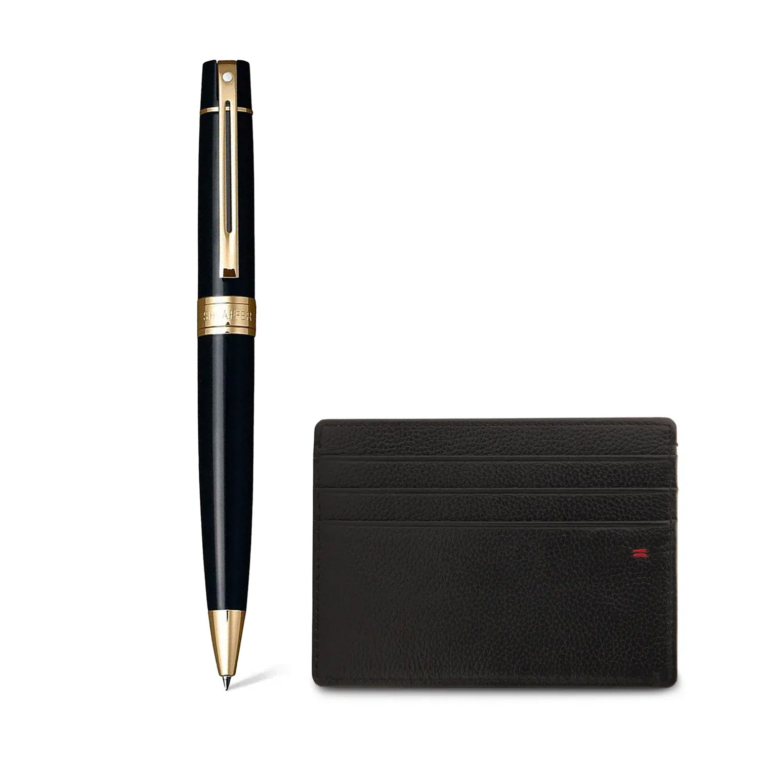 Sheaffer Gift Set ft. Glossy Black 300 Ballpoint Pen with Gold Trims and Credit Card Holder