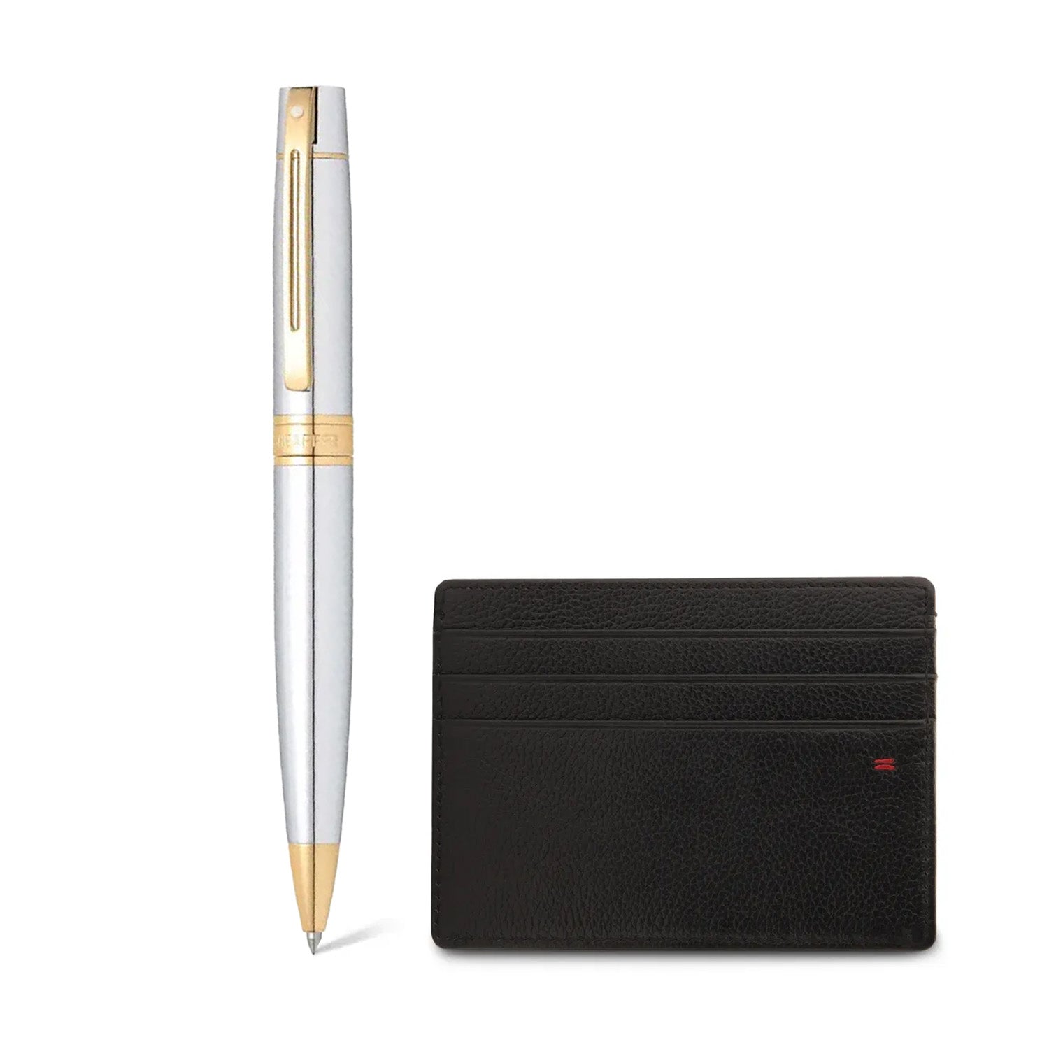Sheaffer Gift Set ft. Bright Chrome 300 Ballpoint Pen with Gold Trims and Credit Card Holder