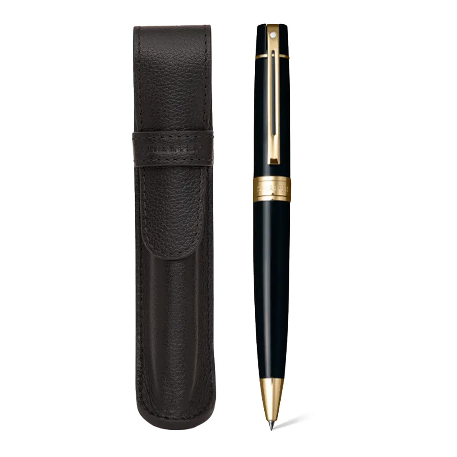 Sheaffer Gift Set Glossy Black 300 9312 Ballpoint Pen With Gold Trim And Pen Pouch