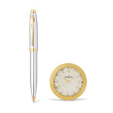 Sheaffer Gift Set ft. Bright Chrome 100 Ballpoint Pen with Gold Trims and Table Clock