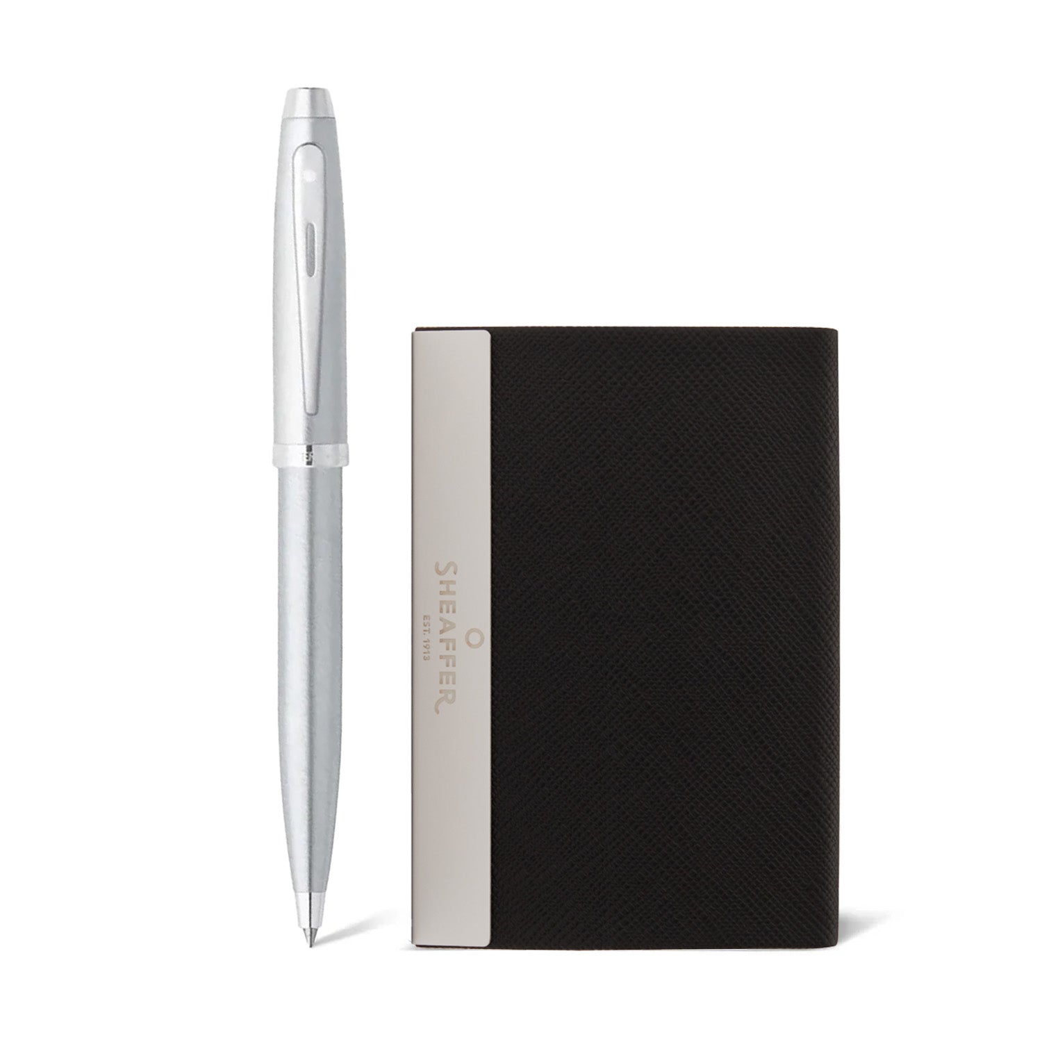 Sheaffer Gift Set ft. Brushed Chrome 100 Ballpoint Pen with Chrome Trims and Business Card Holder