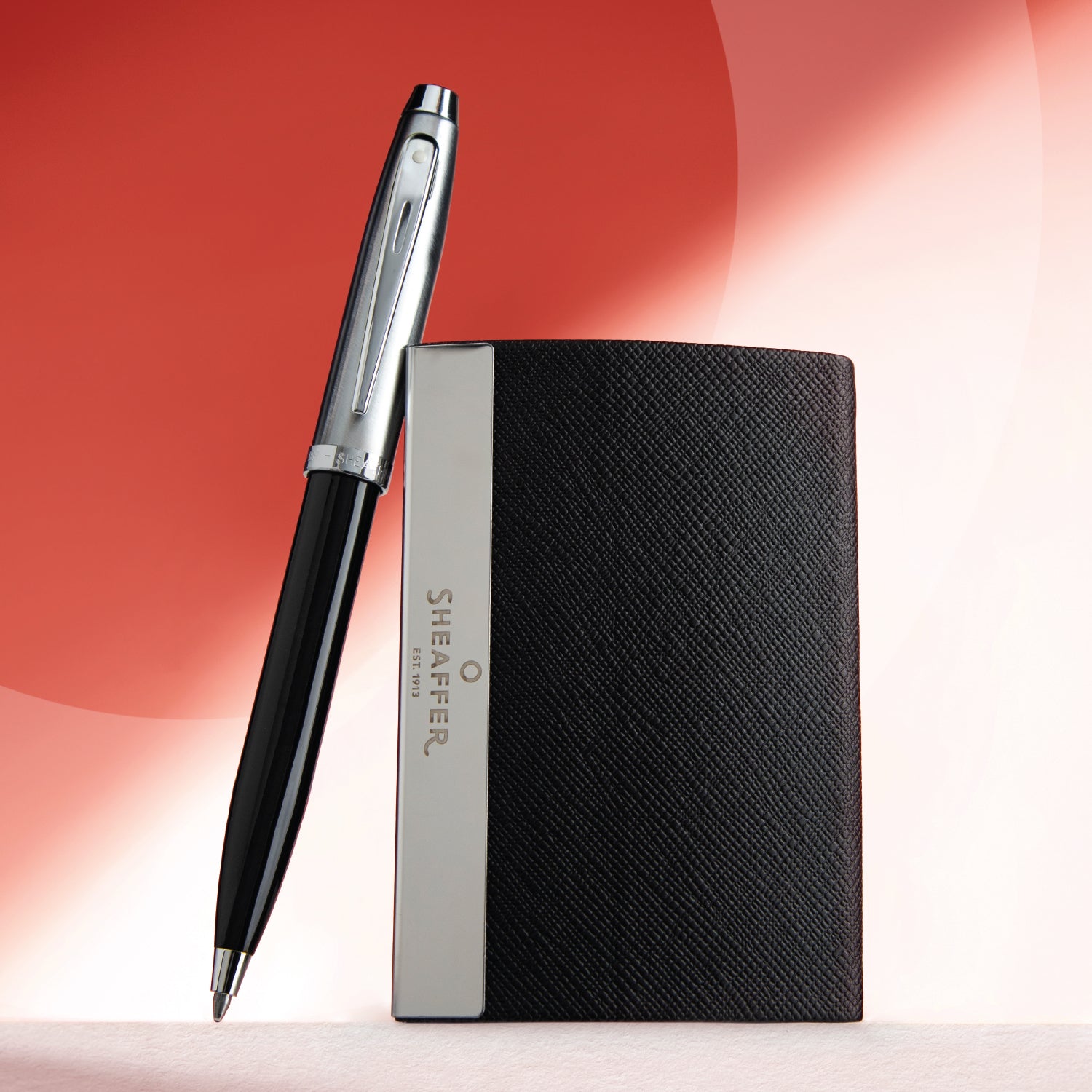 Sheaffer Gift Set ft. Glossy Black 100 Ballpoint Pen with Chrome Trims and Business Card Holder