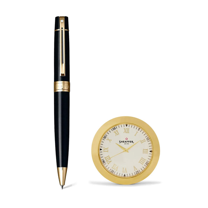 Sheaffer Gift Collection 300 – 9325 Glossy Black Ballpoint Pen with Gold Trims and Table Clock - Image 2