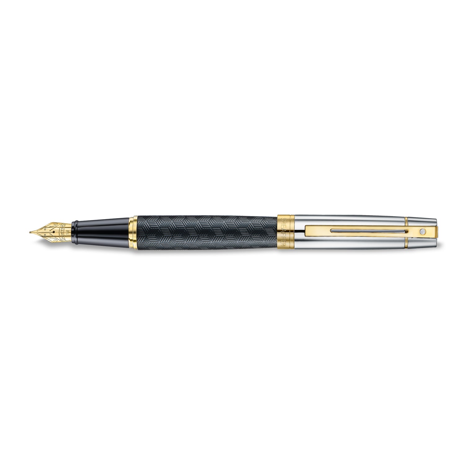 Sheaffer 300 9347 Engraved Black Fountain Pen with Chrome Cap and Gold Trims