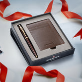 Sheaffer Gift Set ft. Glossy Brown 100 9370 Ballpoint Pen with Gold Trims and Rustic Mocha Credit Card Holder