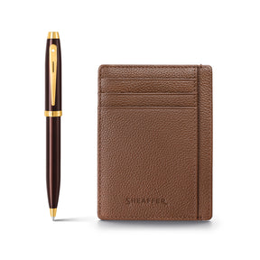 Sheaffer Gift Set ft. Glossy Brown 100 9370 Ballpoint Pen with Gold Trims and Rustic Mocha Credit Card Holder