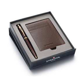 Sheaffer Gift Set ft. Glossy Brown 100 9370 Ballpoint Pen with Gold Trims and Rustic Mocha Credit Card Holder