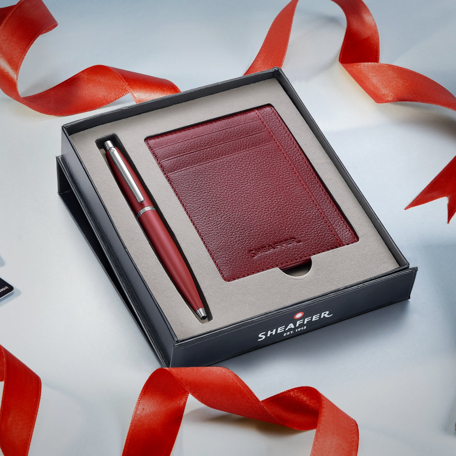 Sheaffer Gift Set ft. Excessive Red VFM 9403 Ballpoint Pen with Chrome Trims and Scarlet Blaze Credit Card Holder