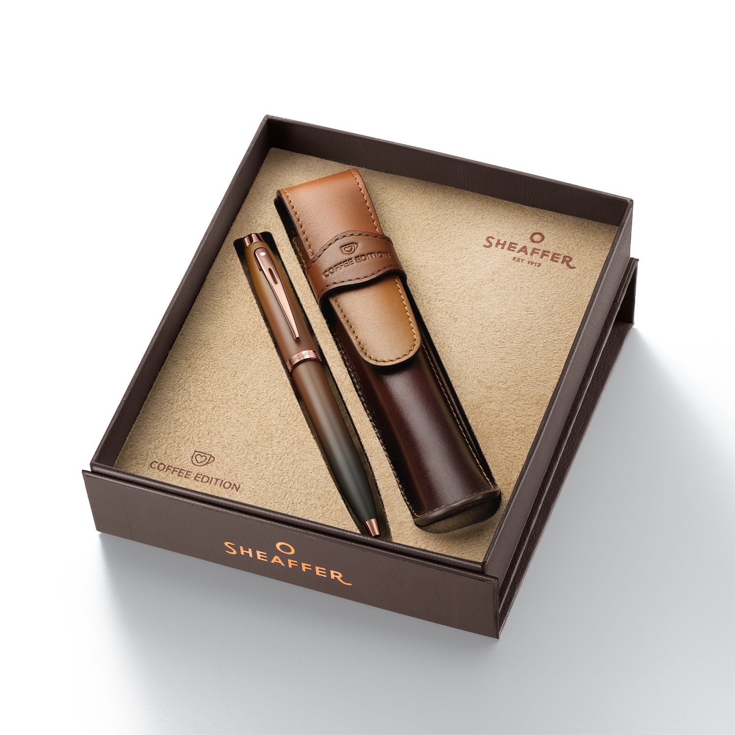 Sheaffer 100 G9374 Coffee Edition Ballpoint Pen with Leather Single Pen Pouch Gift Set