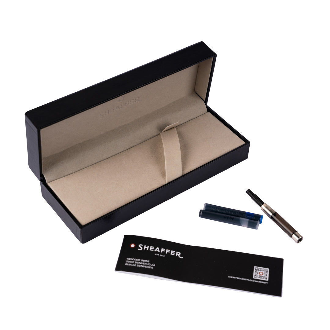 A black box with a pen and a Sheaffer® 300 Black and Chrome Fountain Pen With Chrome Trims - Fine inside.