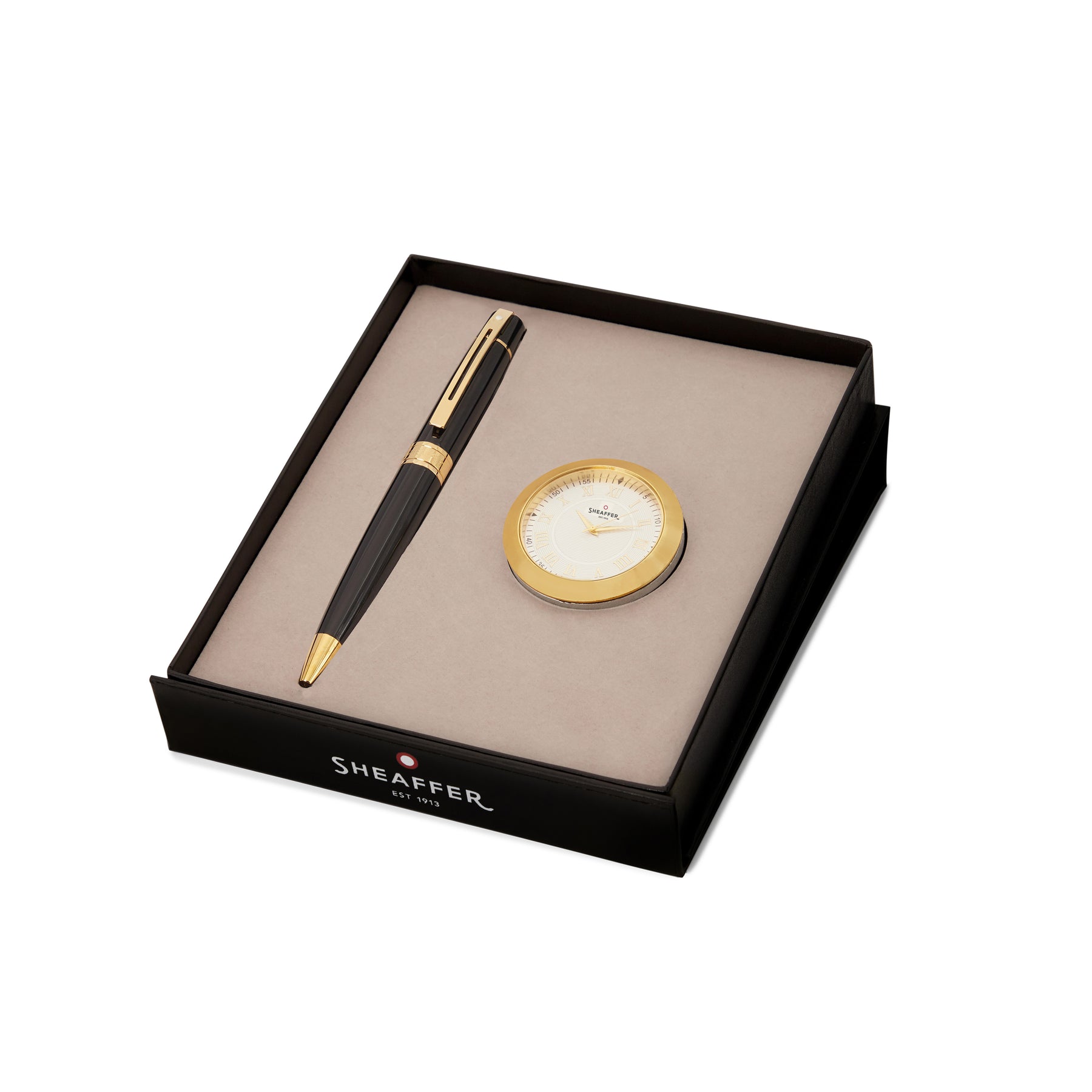 Sheaffer Gift Set ft. Glossy Black 300 Ballpoint Pen with Gold Trims and Table Clock