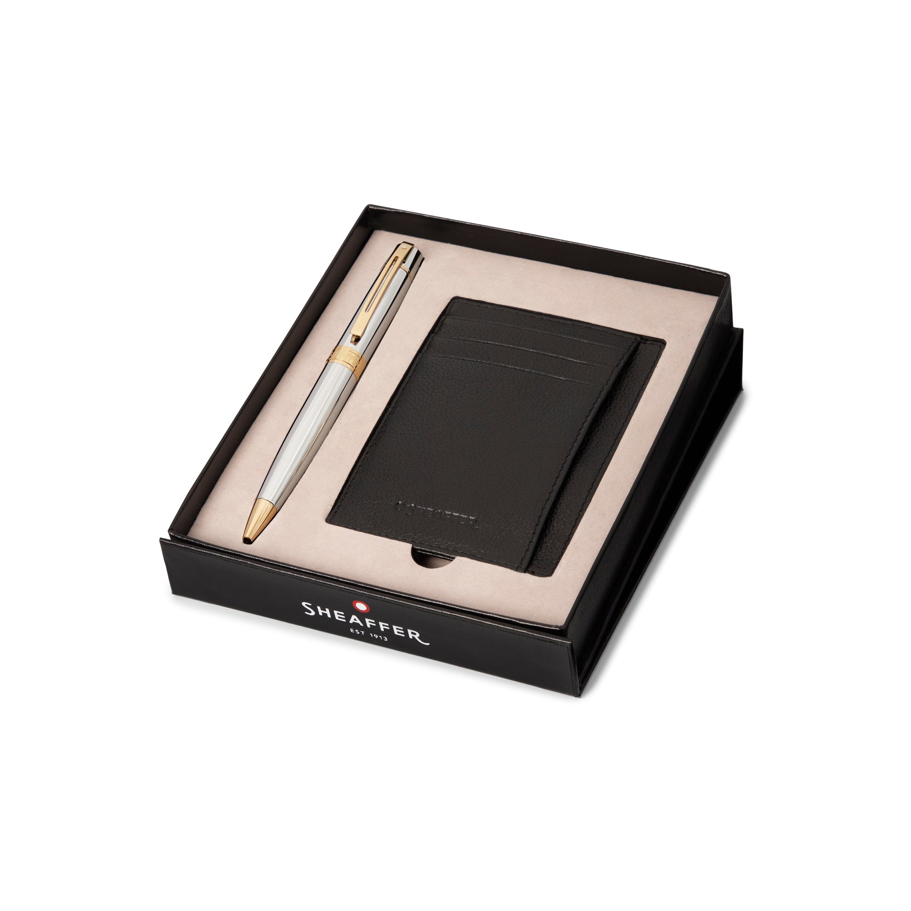 Sheaffer Gift Set ft. Bright Chrome 300 Ballpoint Pen with Gold Trims and Credit Card Holder