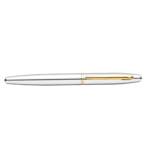 A silver and gold pen showcasing the Sheaffer® VFM Polished Chrome Fountain Pen With Gold Trims - Fine and Sheaffer White Dot finishes on a white background.
