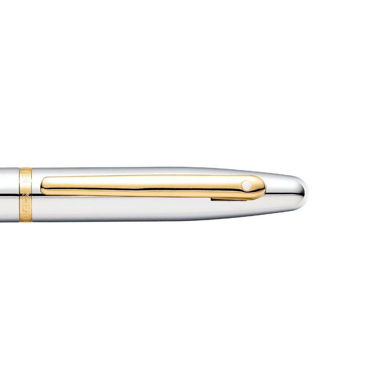 A Sheaffer VFM Polished Chrome Fountain Pen With Gold Trims - Fine with silver and gold finishes on a white background.