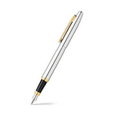 A Sheaffer® VFM Polished Chrome Fountain Pen With Gold Trims - Fine displayed on a white background, showcasing its silver and gold finishes.