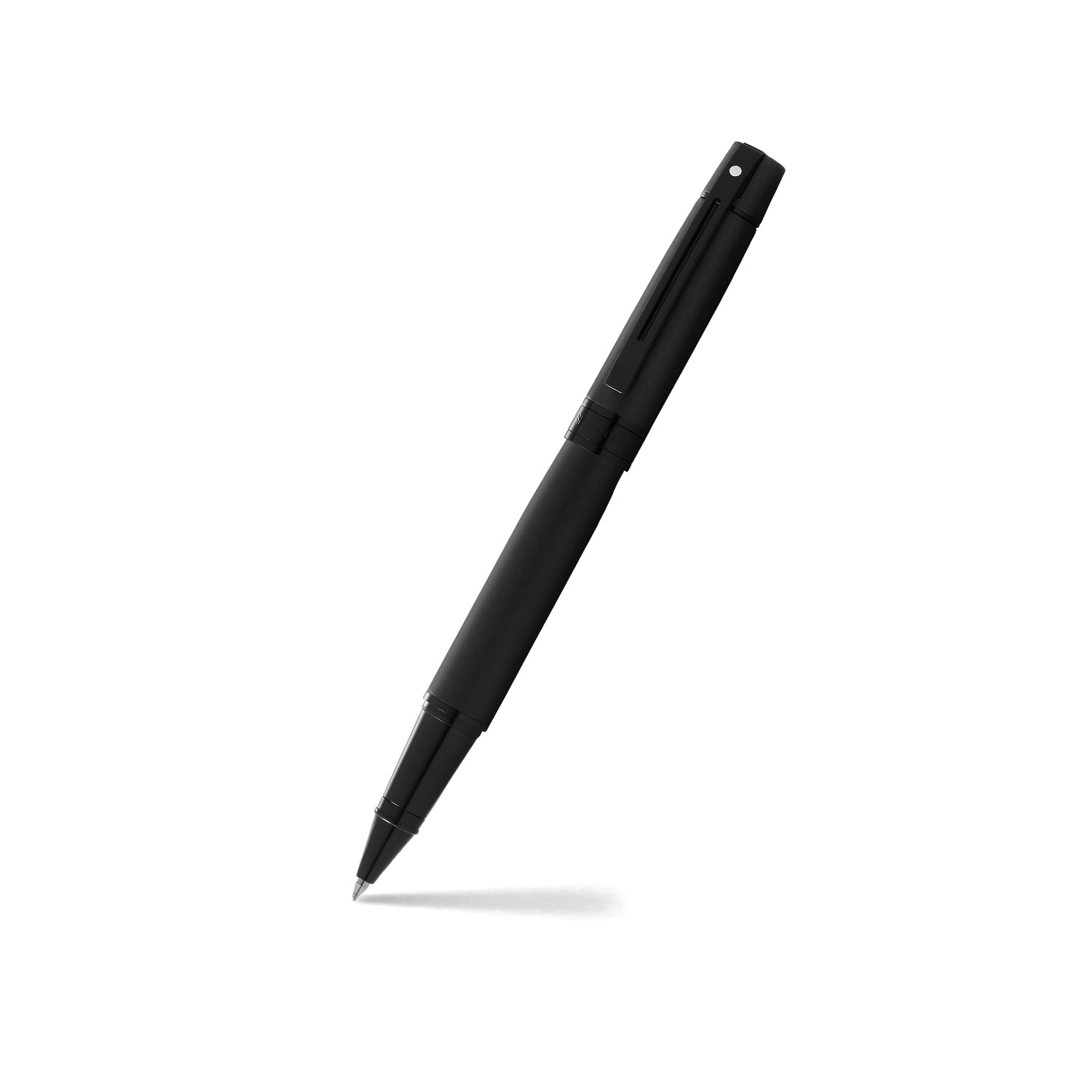 A Sheaffer® 300 Matte Black with Polished Black Trims Rollerball Pen, specifically the Sheaffer 300 model, sitting on top of a white surface.