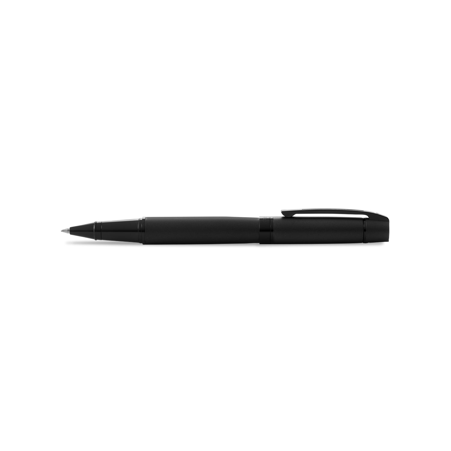 A Sheaffer® 300 Matte Black with Polished Black Trims Rollerball Pen sitting on top of a white surface.